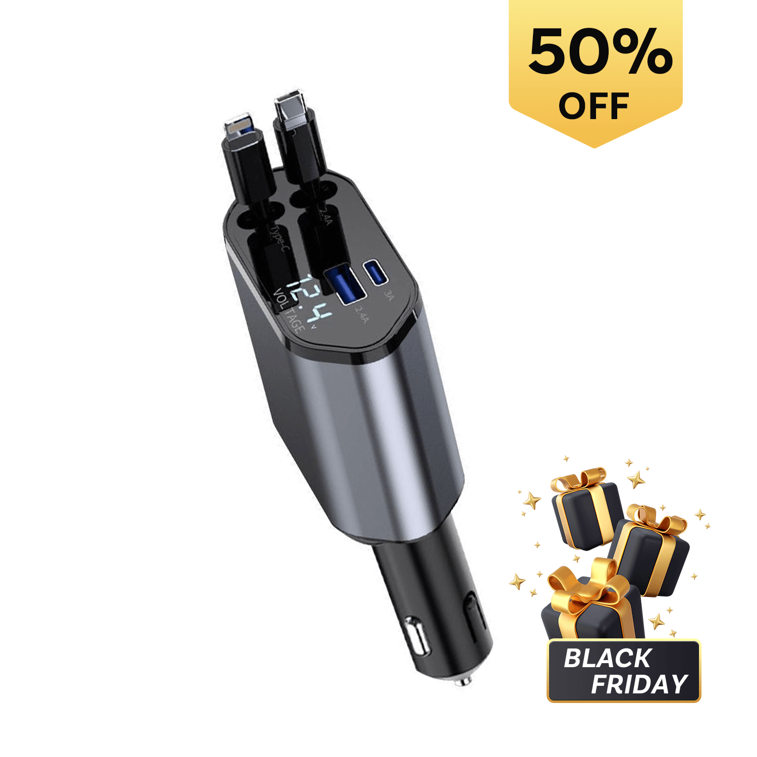 Chargeur de voiture rétractable 4 en 1 avec câble